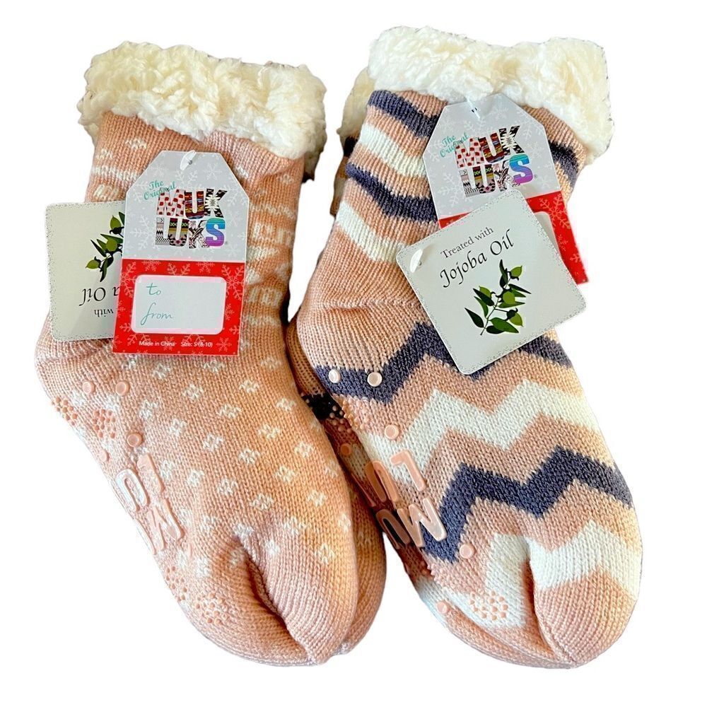 Lot of 2 Kids girls muk luk jojoba oil infused pink fuzzy socks grip bottom S
